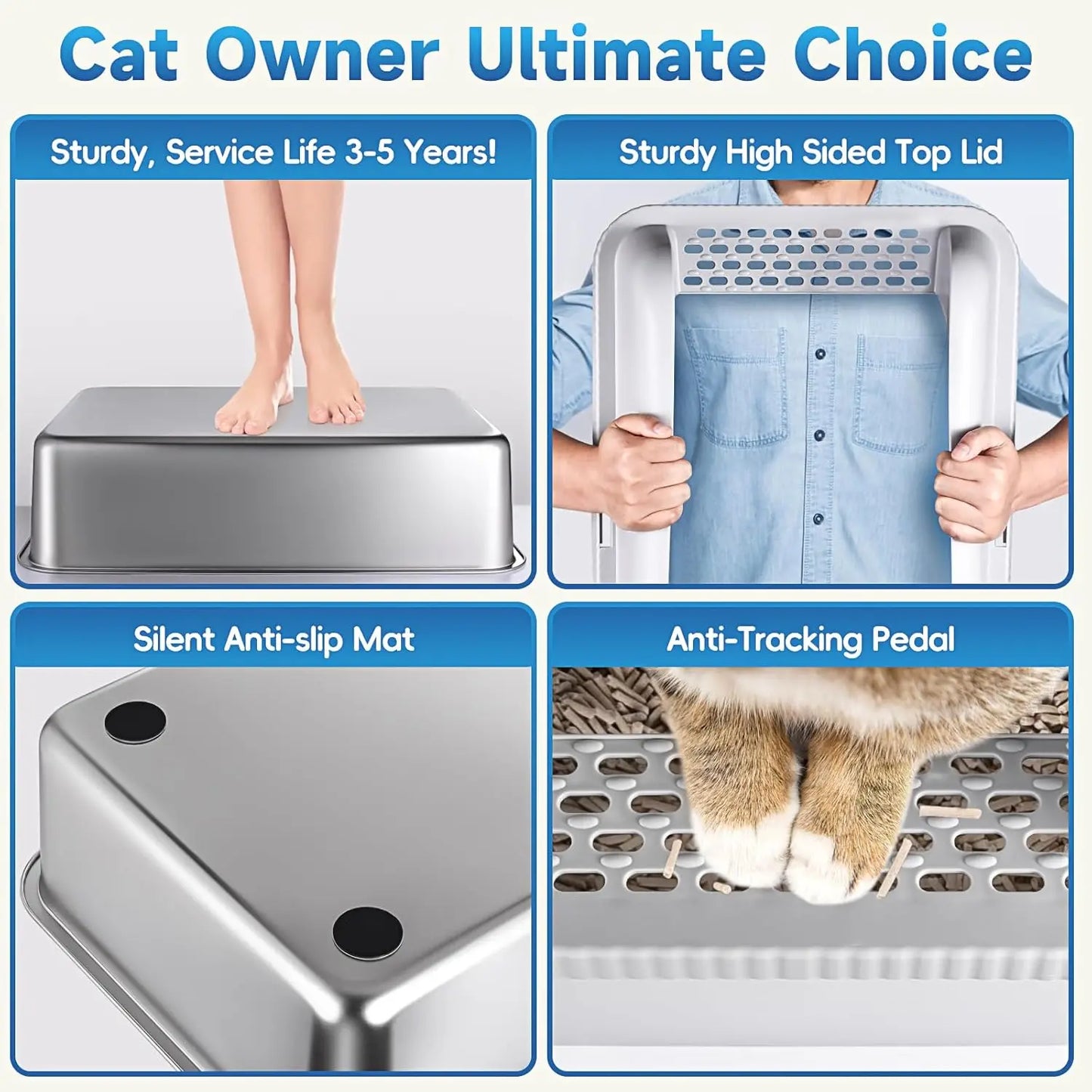 2-Pack Stainless Steel Cat Litter Box with Lid, XL Size for Large Cats, Enclosed Design to Prevent Scatter