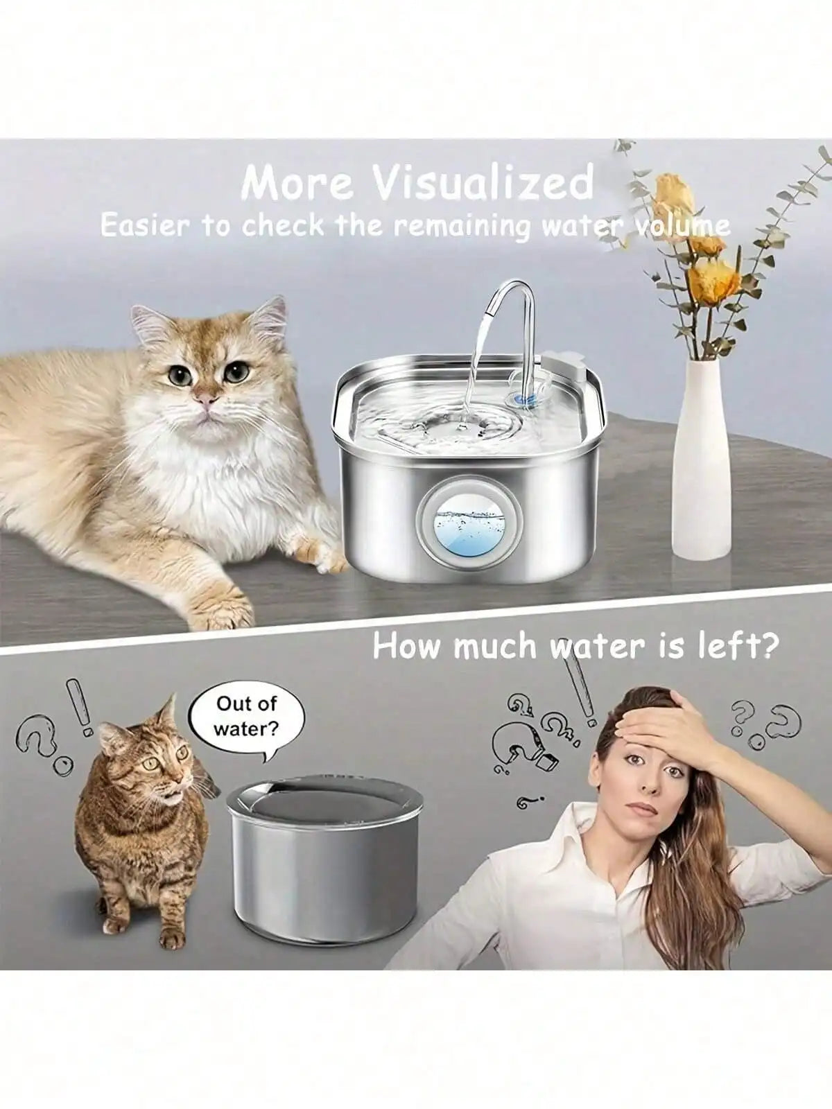 1pc 108.2oz Stainless Steel Quiet Cat and Dog Water Fountain USB-Powered