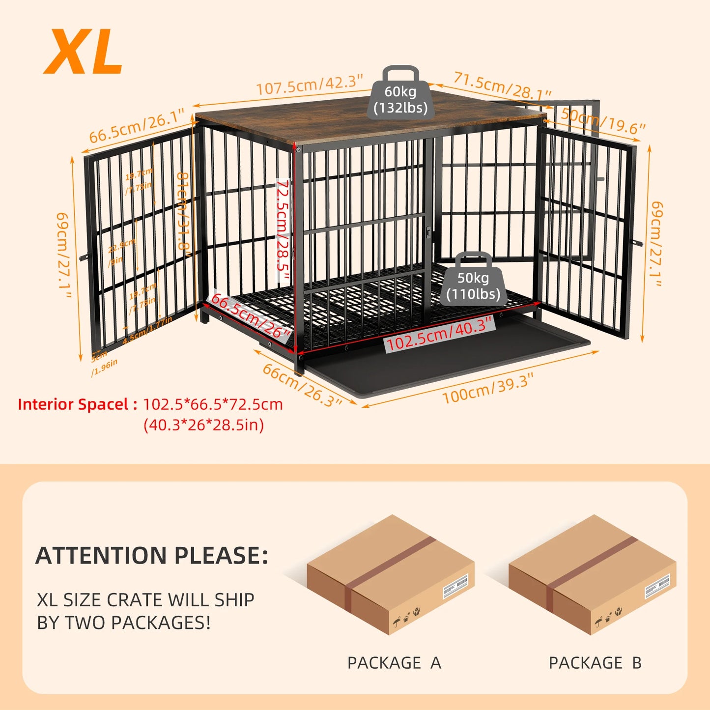 Furniture Style Dog Crate, Metal and Wood, Pet Kennel End Table with Three Doors and Removable Tray