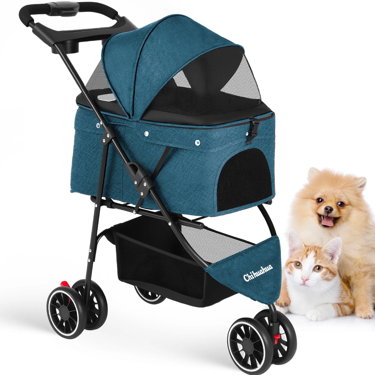 Pet Stroller For Small and Medium Cats & Dogs, 3 Wheels Foldable with Breathable Mesh Canopy, Pet Travel Carrier Suitable Outdoor Travel