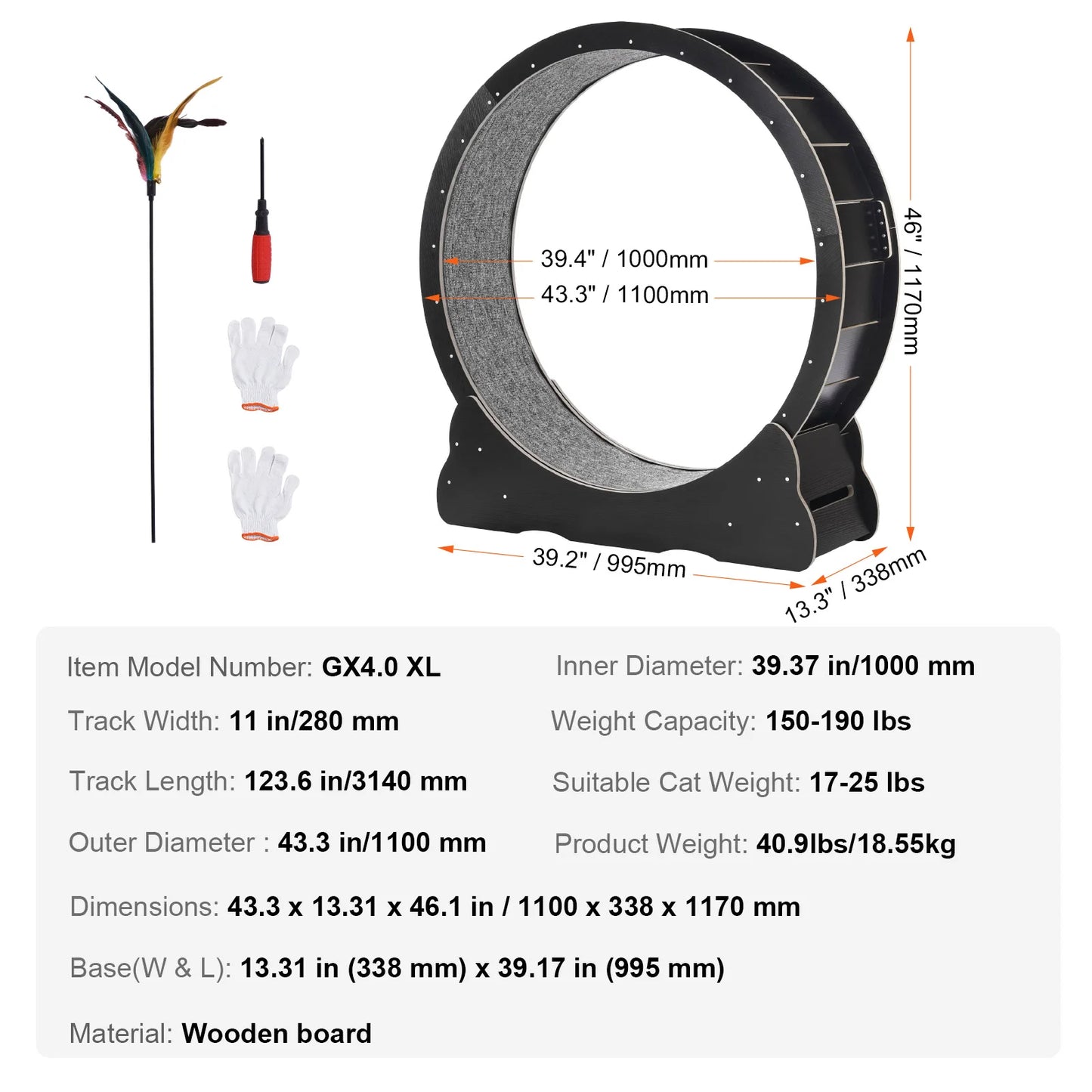 SucceBuy Wooden Cat Exercise Wheel, Treadmill Wheel for Indoor Cat, Running Wheel with Detachable Carpet& Cat Teaser
