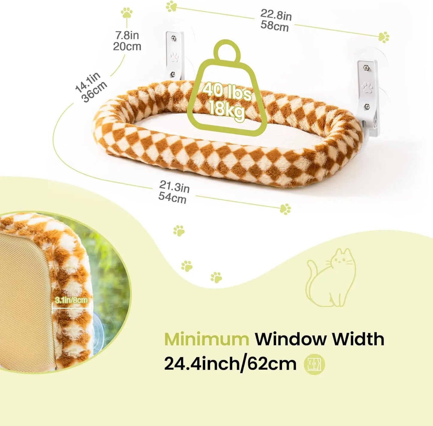 Foldable Cat Window Perch with 4 Strong Suction Cups Cordless Cat Window Hammock Removable Soft Cover White Brown Green