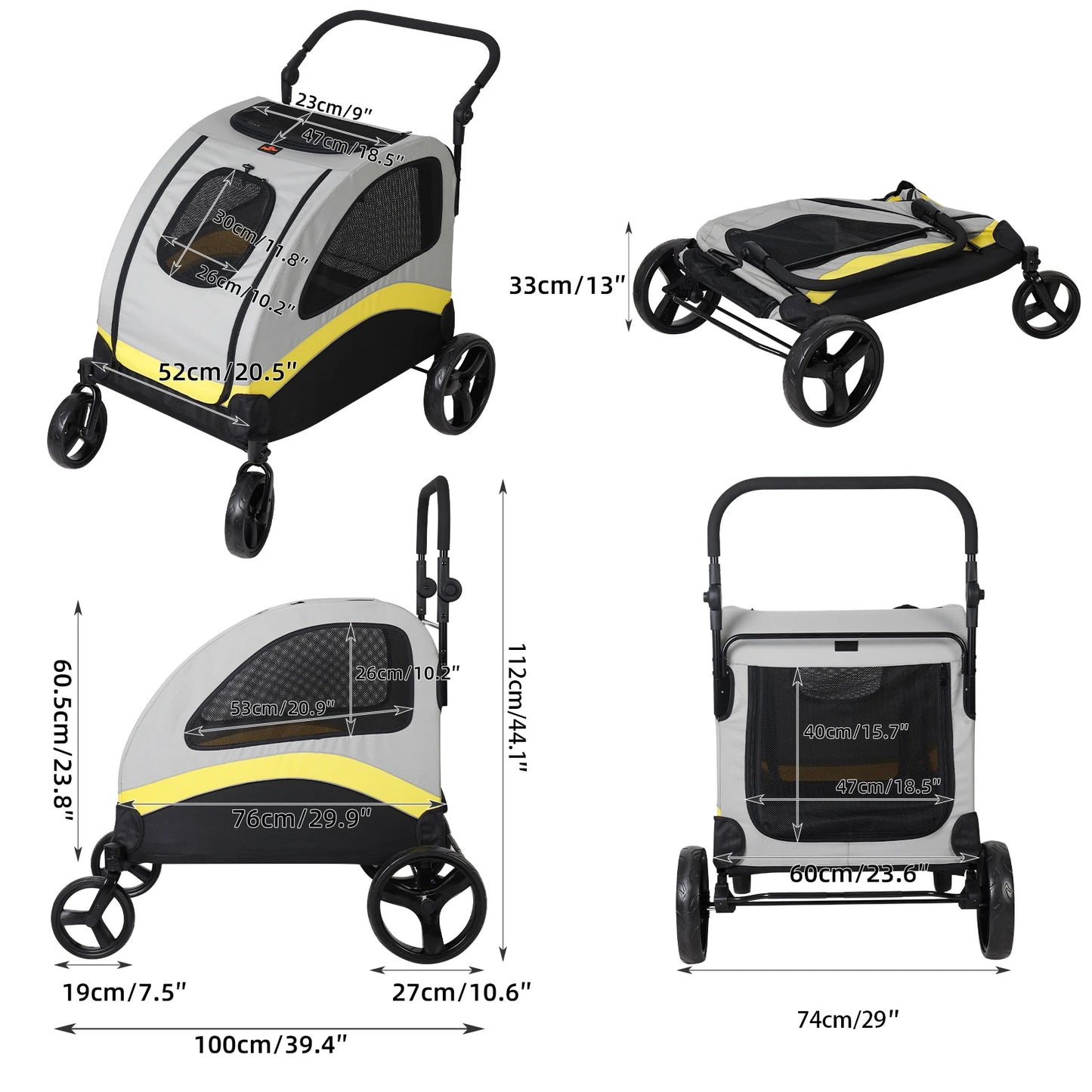 Premium Dog Stroller Pram 4 Wheel Foldable Cart, Pet Jogger Wagon for Small, Medium or Large Dogs