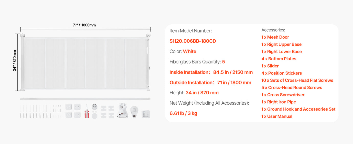 SucceBuy 55/71/110in Retractable Gate , 34in Tall , Extends Wide and Retractable Gate for Kids and Pets , Mesh Material , Easy to Install