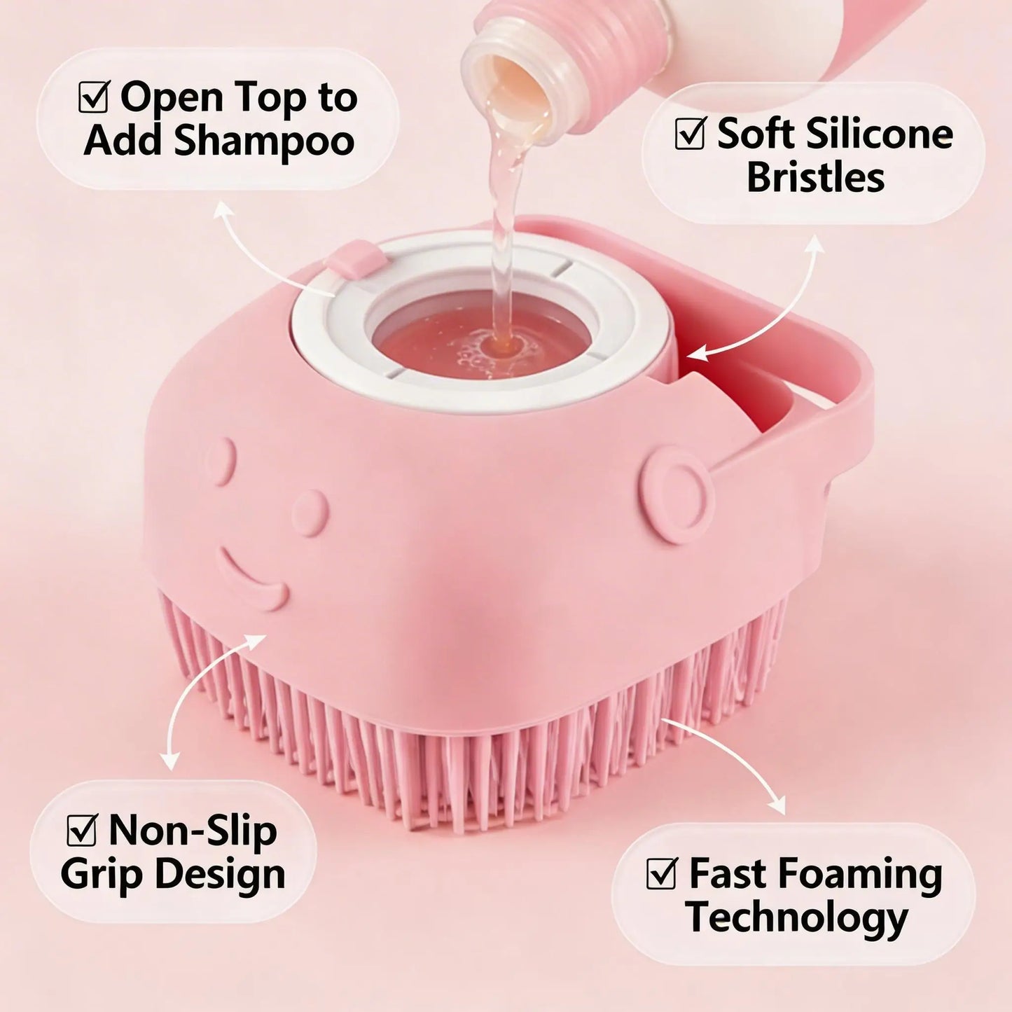 Pet Massage Brush, Shampoo Dispenser with Soft Silicone Rubber Bristle for Dogs and Cats, Shower Grooming Tool