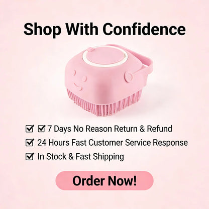 Pet Massage Brush, Shampoo Dispenser with Soft Silicone Rubber Bristle for Dogs and Cats, Shower Grooming Tool