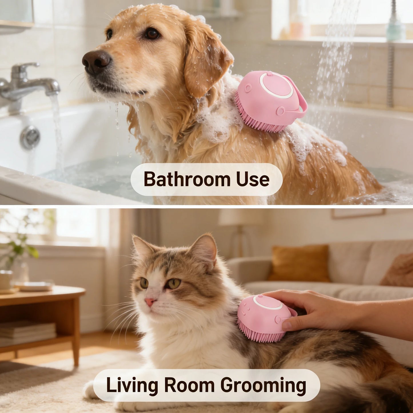 Pet Massage Brush, Shampoo Dispenser with Soft Silicone Rubber Bristle for Dogs and Cats, Shower Grooming Tool