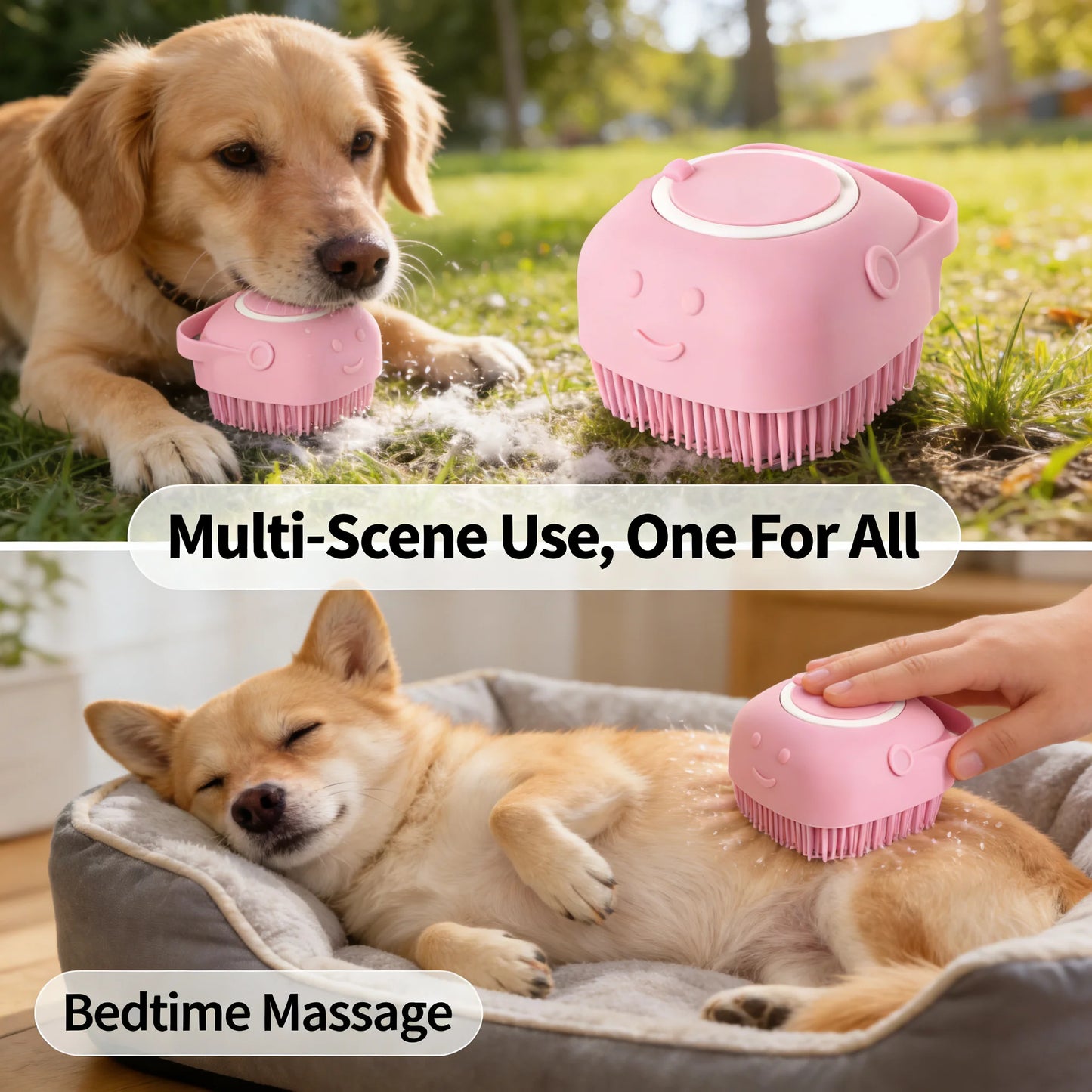 Pet Massage Brush, Shampoo Dispenser with Soft Silicone Rubber Bristle for Dogs and Cats, Shower Grooming Tool