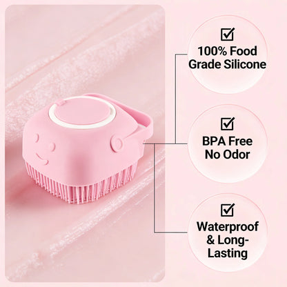 Pet Massage Brush, Shampoo Dispenser with Soft Silicone Rubber Bristle for Dogs and Cats, Shower Grooming Tool