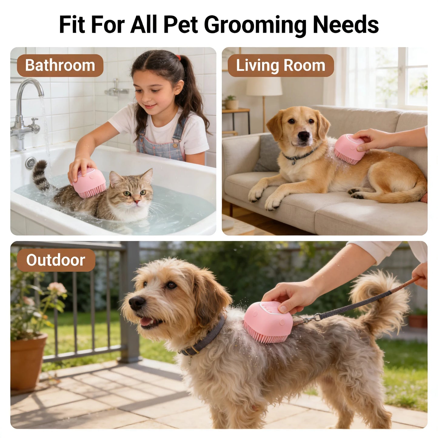 Pet Massage Brush, Shampoo Dispenser with Soft Silicone Rubber Bristle for Dogs and Cats, Shower Grooming Tool
