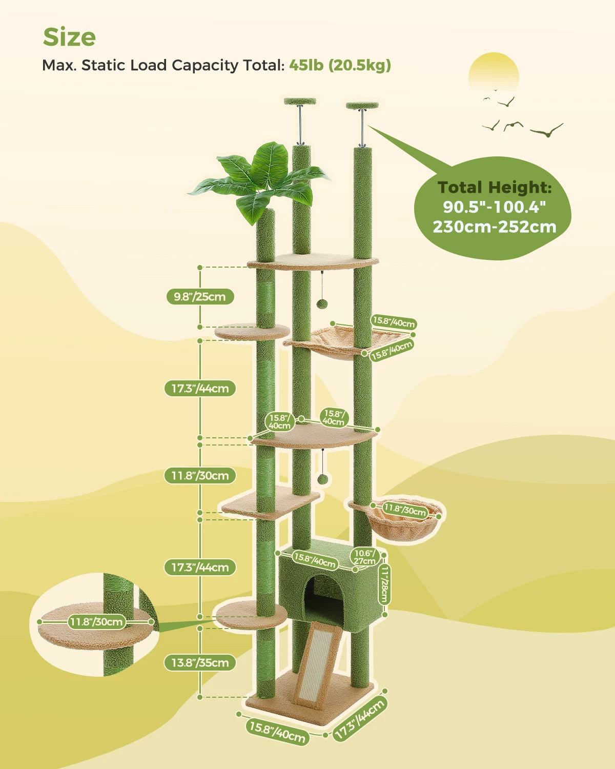 Cactus Cat Tree Tower,  Floor to Ceiling Cat Tower ,Adjustable Height with Cat Condo, Cozy Hammock and Scratching Post
