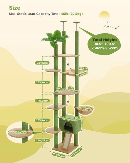 Cactus Cat Tree Tower,  Floor to Ceiling Cat Tower ,Adjustable Height with Cat Condo, Cozy Hammock and Scratching Post