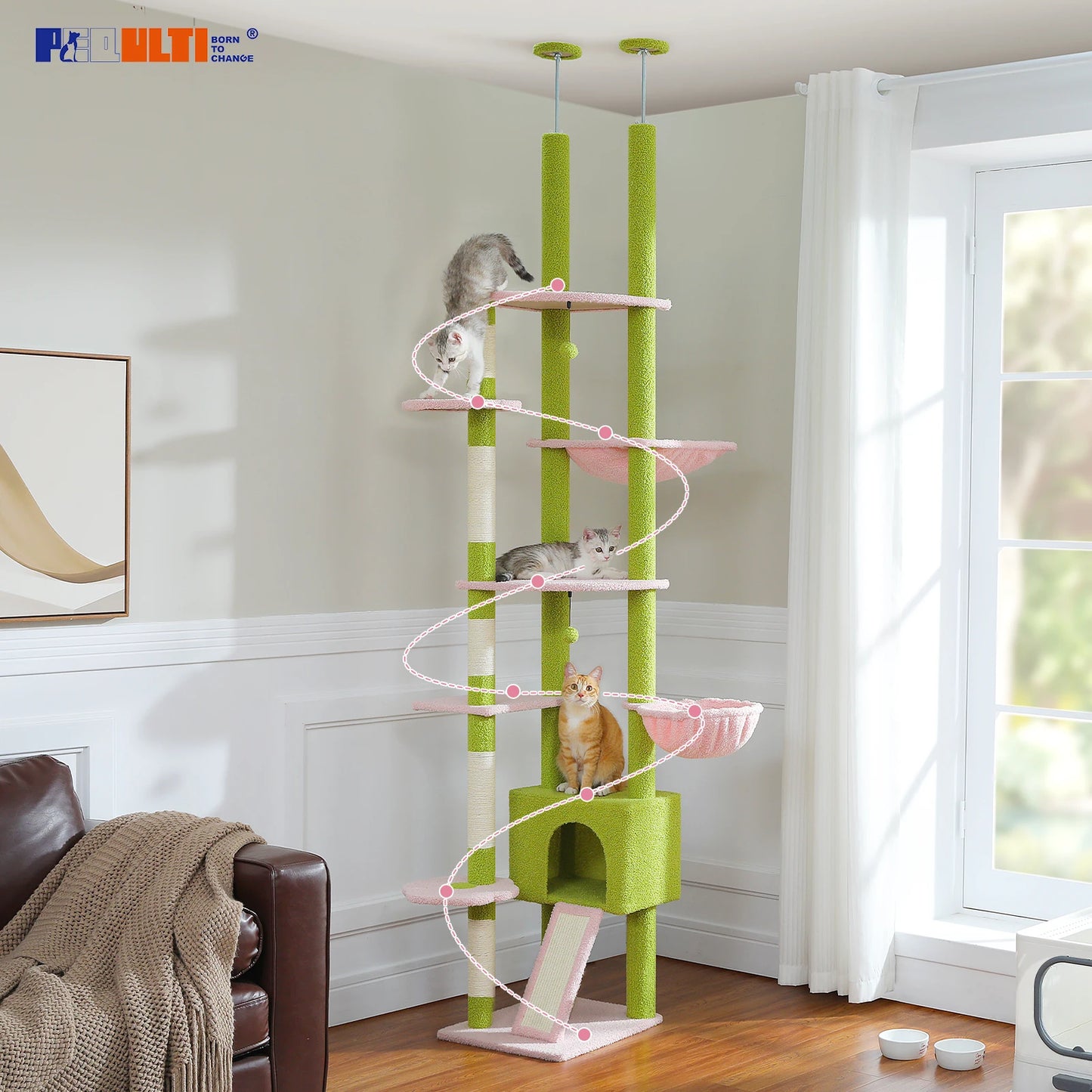 Cactus Cat Tree Tower,  Floor to Ceiling Cat Tower ,Adjustable Height with Cat Condo, Cozy Hammock and Scratching Post