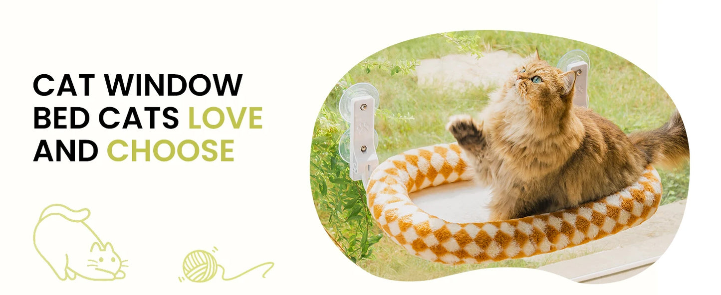 Foldable Cat Window Perch with 4 Strong Suction Cups, Cordless Cat Window Hammock Removable Soft Cover White Brown Green