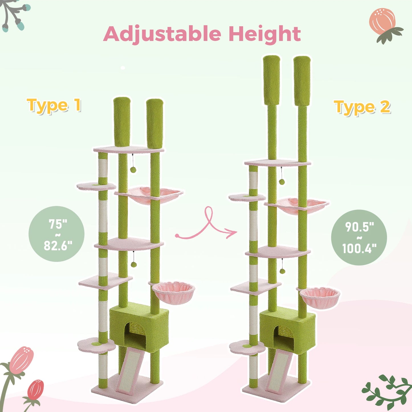Cactus Cat Tree Tower,  Floor to Ceiling Cat Tower ,Adjustable Height with Cat Condo, Cozy Hammock and Scratching Post