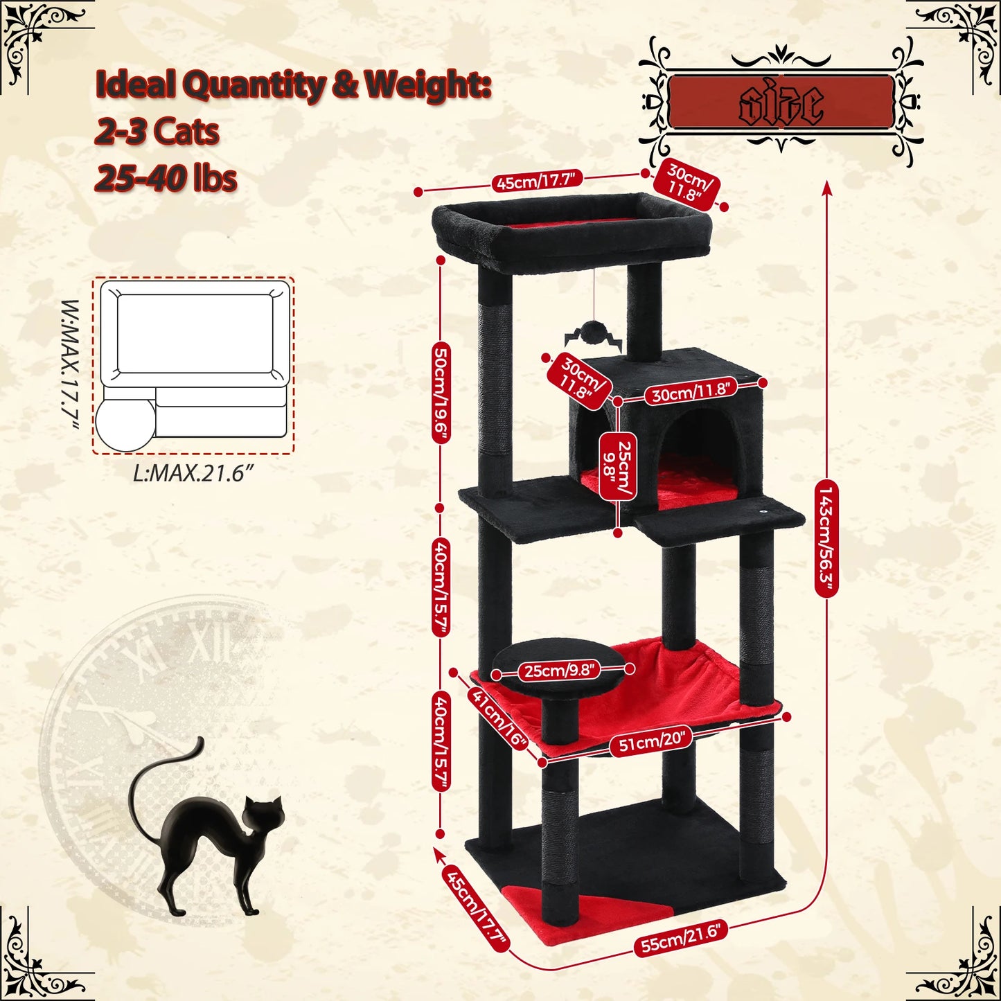 Gothic Cat Tree for Indoor Cats, Tall Cat Tower with Super Large Hammock, Sisal Covered Scratching Post ,Cozy Condo ,Top Perch