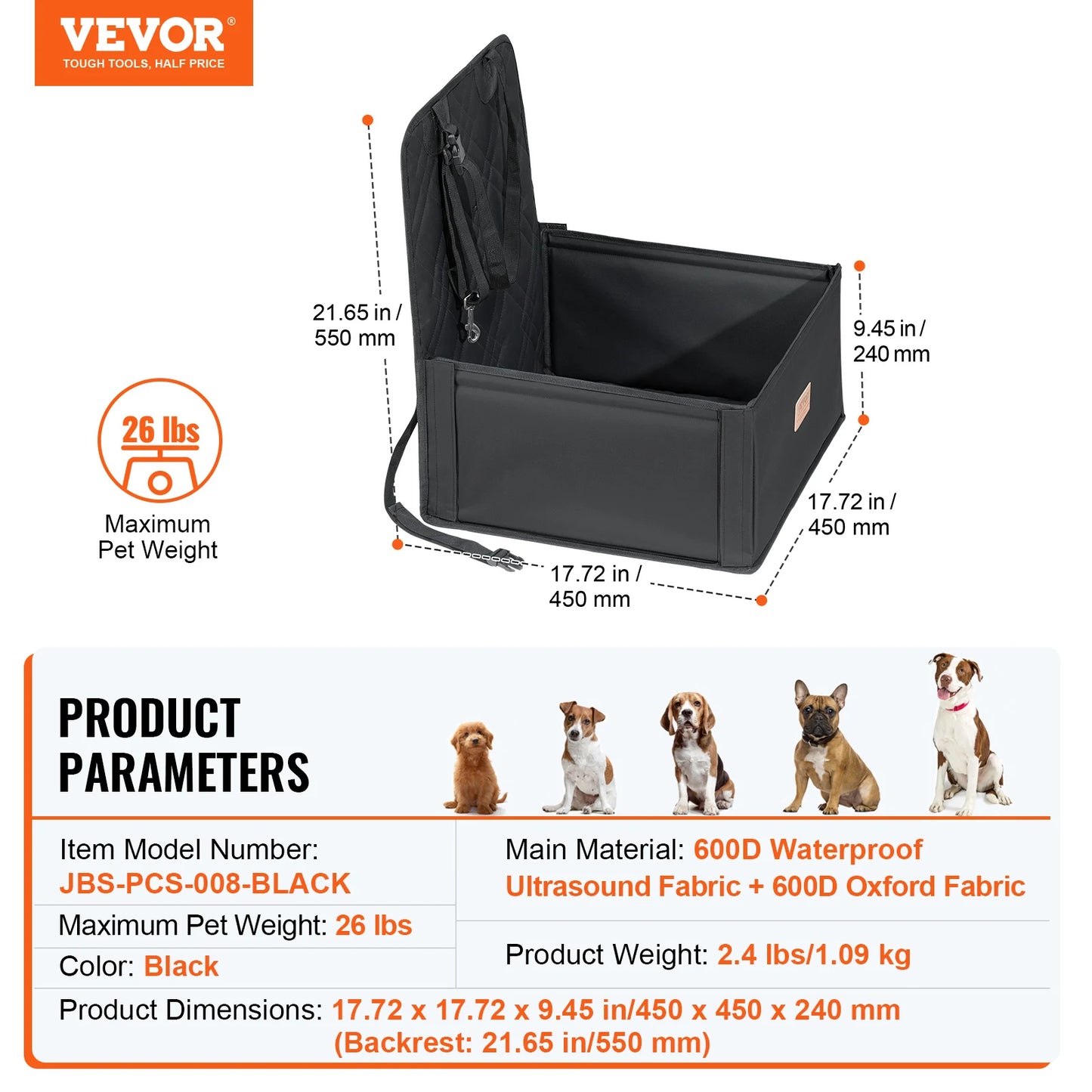 Dog Car Seat Waterproof Dog Booster Seat, Pet Car Seat with Clip-On Safety Leash, Car Bed for Medium or Large Dog