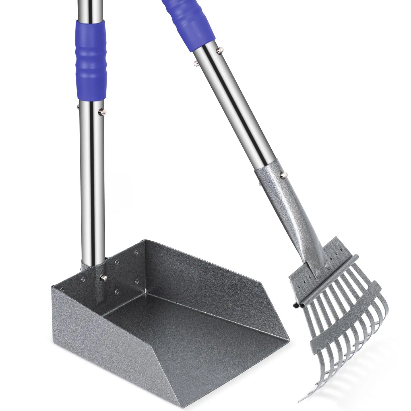 Dog Pooper Scooper, Tray and Rake Set, Pet Waste Removal Scoop with Long Adjustable Sectional Stainless Handles