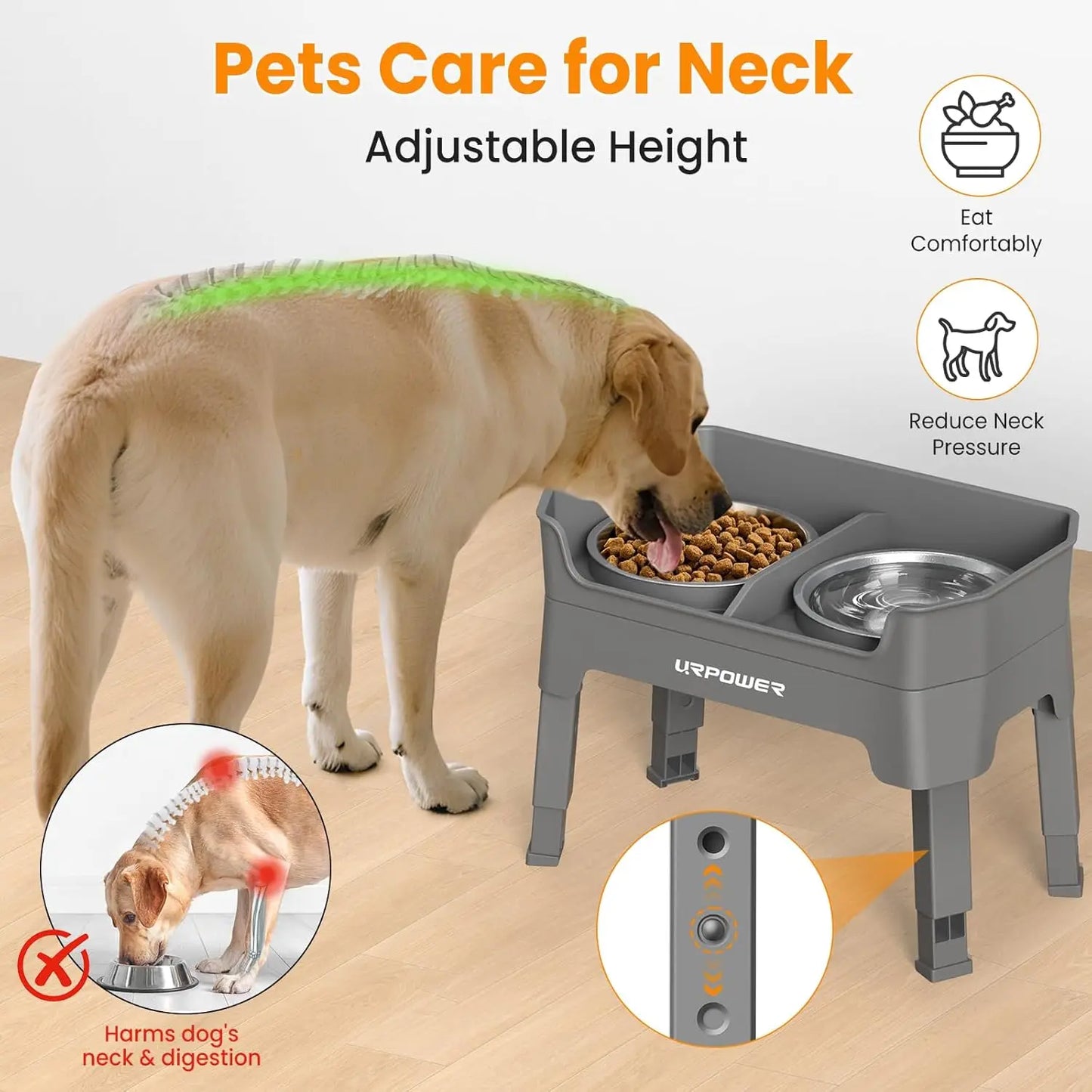 3-in-1 Elevated Dog Bowls with Adjustable Stand, Stainless Steel Bowls & Licking Plate for All Sizes