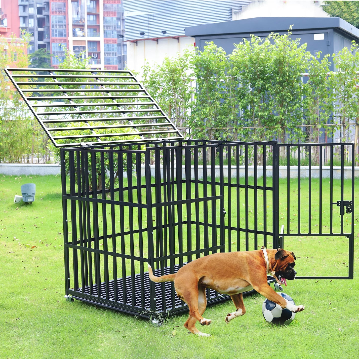 L XL XXL Heavy Duty Metal Dog Crate with 4 Lockable Wheels, 3 Doors and Removable Tray