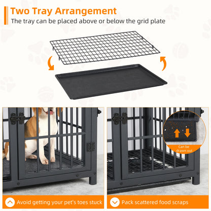 Furniture Style Dog Crate, Metal and Wood, Pet Kennel End Table with Three Doors and Removable Tray