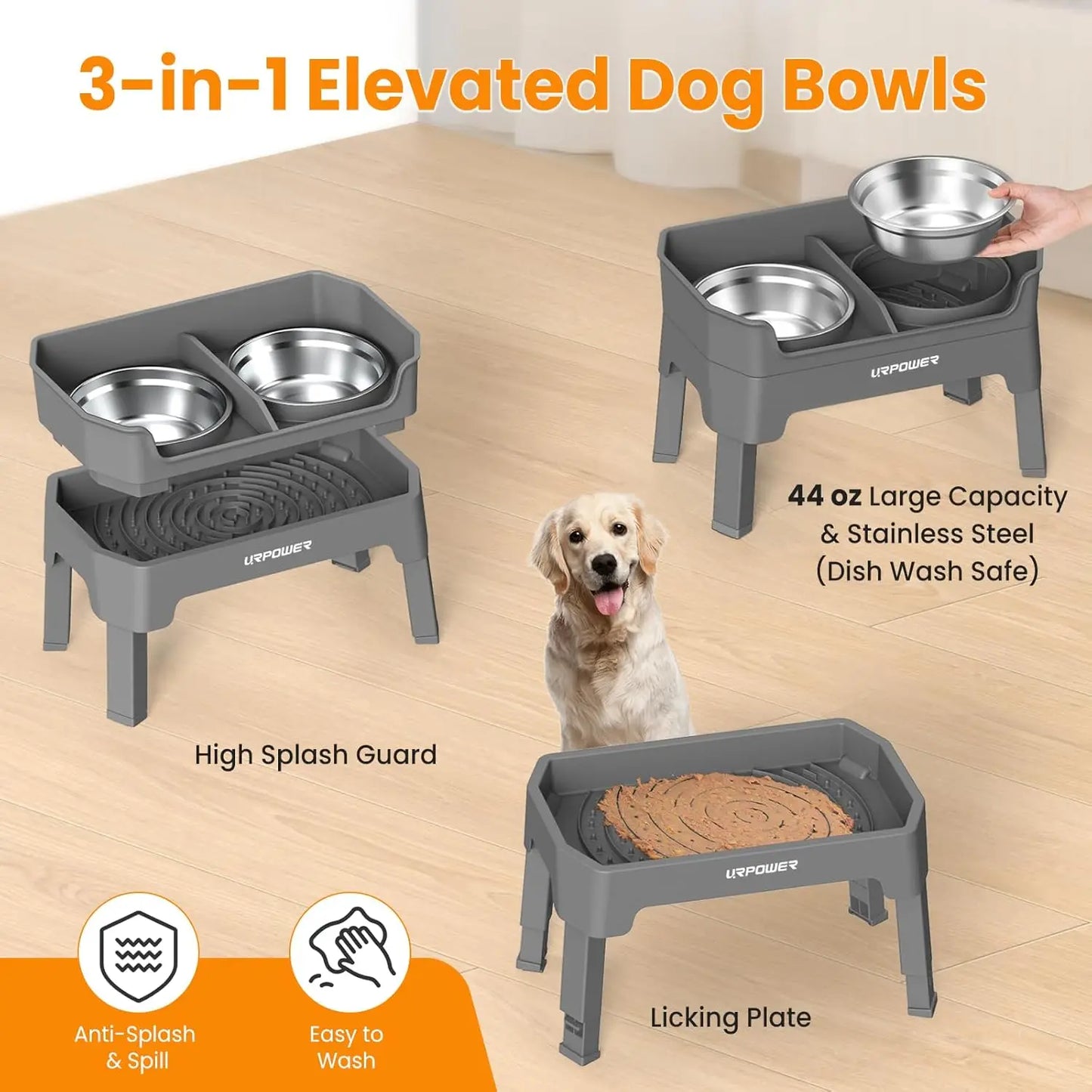 3-in-1 Elevated Dog Bowls with Adjustable Stand, Stainless Steel Bowls & Licking Plate for All Sizes