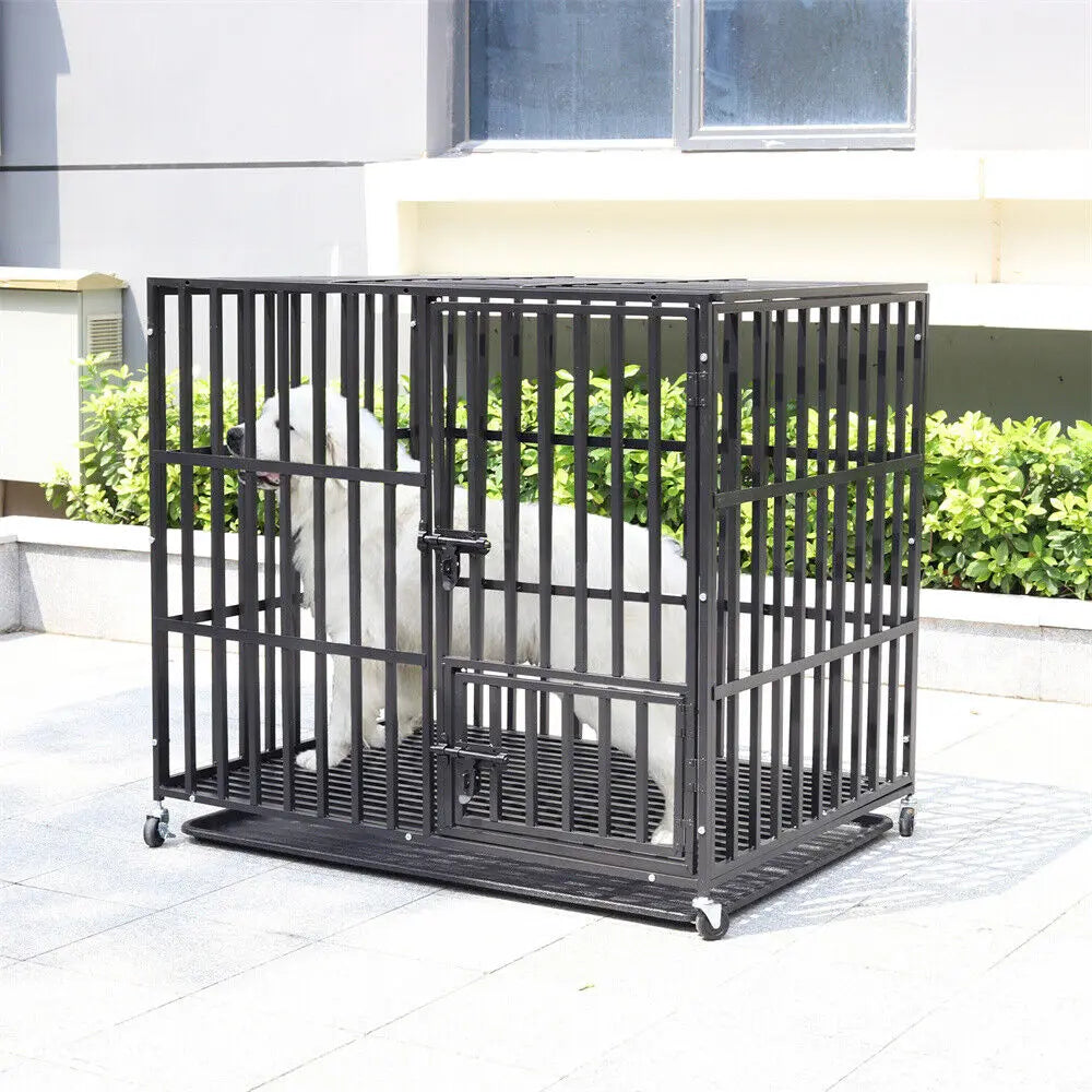 L XL XXL Heavy Duty Metal Dog Crate with 4 Lockable Wheels, 3 Doors and Removable Tray