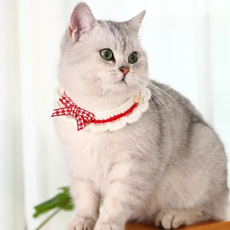 Cute Bow-knot Hand-knitted Cat or Puppy  Adjustable Collar