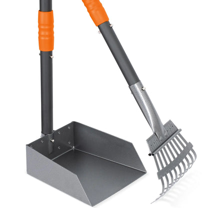 Dog Pooper Scooper, Tray and Rake Set, Pet Waste Removal Scoop with Long Adjustable Sectional Stainless Handles