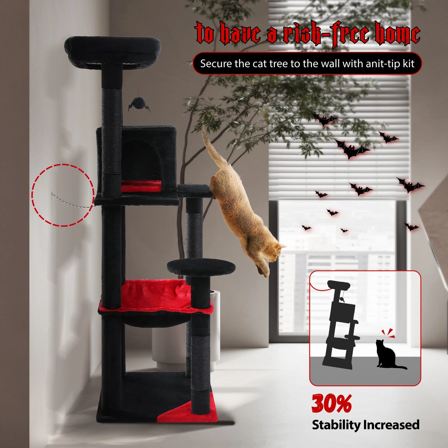 Gothic Cat Tree for Indoor Cats, Tall Cat Tower with Super Large Hammock, Sisal Covered Scratching Post ,Cozy Condo ,Top Perch