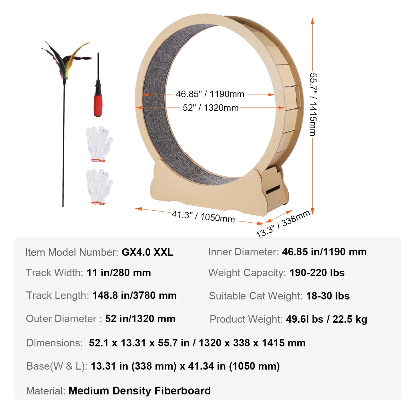 SucceBuy Wooden Cat Exercise Wheel, Treadmill Wheel for Indoor Cat, Running Wheel with Detachable Carpet& Cat Teaser