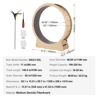 SucceBuy Wooden Cat Exercise Wheel, Treadmill Wheel for Indoor Cat, Running Wheel with Detachable Carpet& Cat Teaser