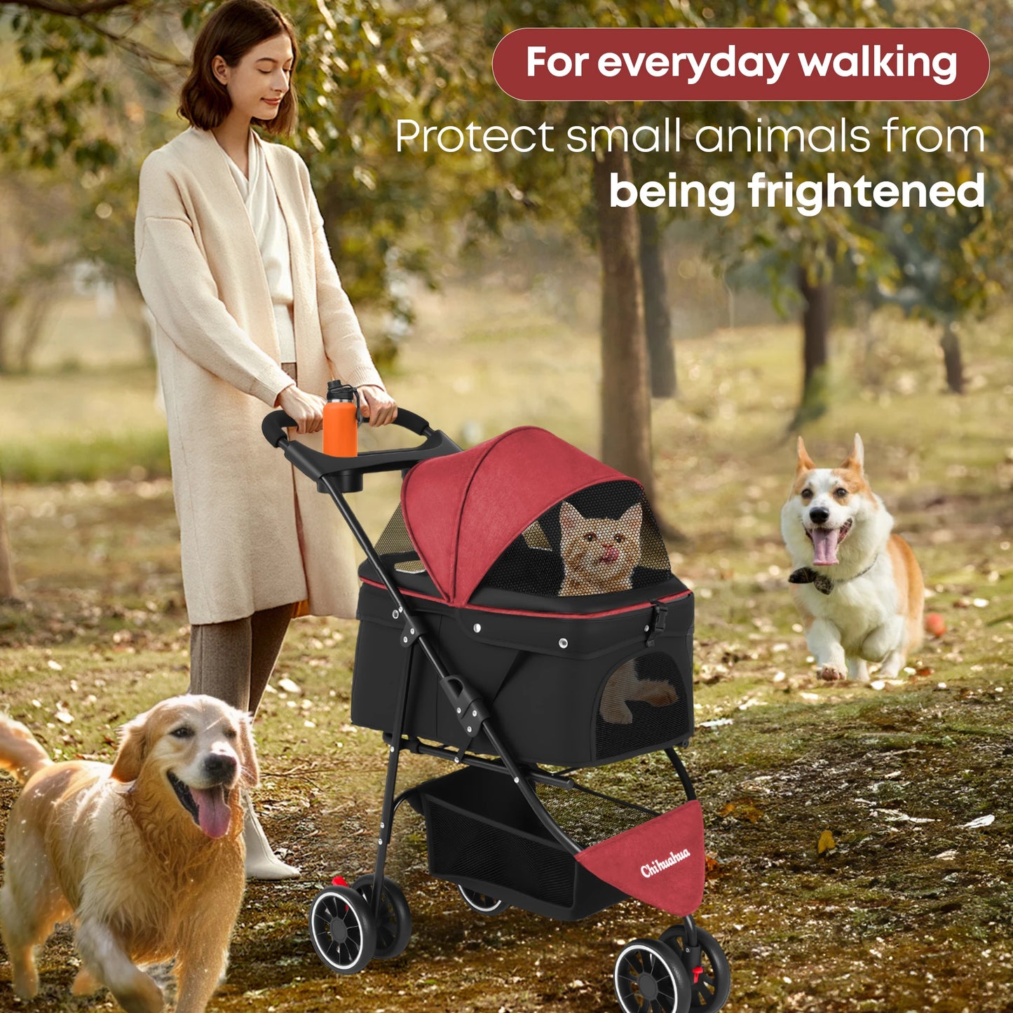 Pet Stroller For Small and Medium Cats & Dogs, 3 Wheels Foldable with Breathable Mesh Canopy, Pet Travel Carrier Suitable Outdoor Travel
