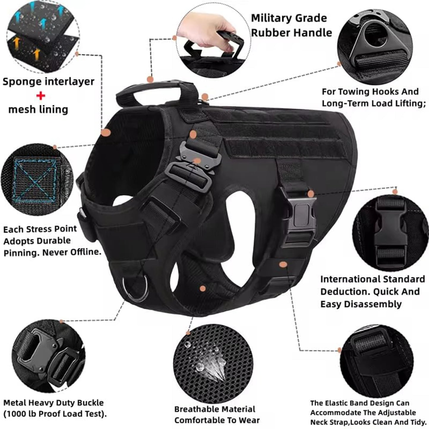 Tactical Dog Harness Collar Leash Molle Pouches For Medium and Large Dogs, Walking Vest Dog Harnesses