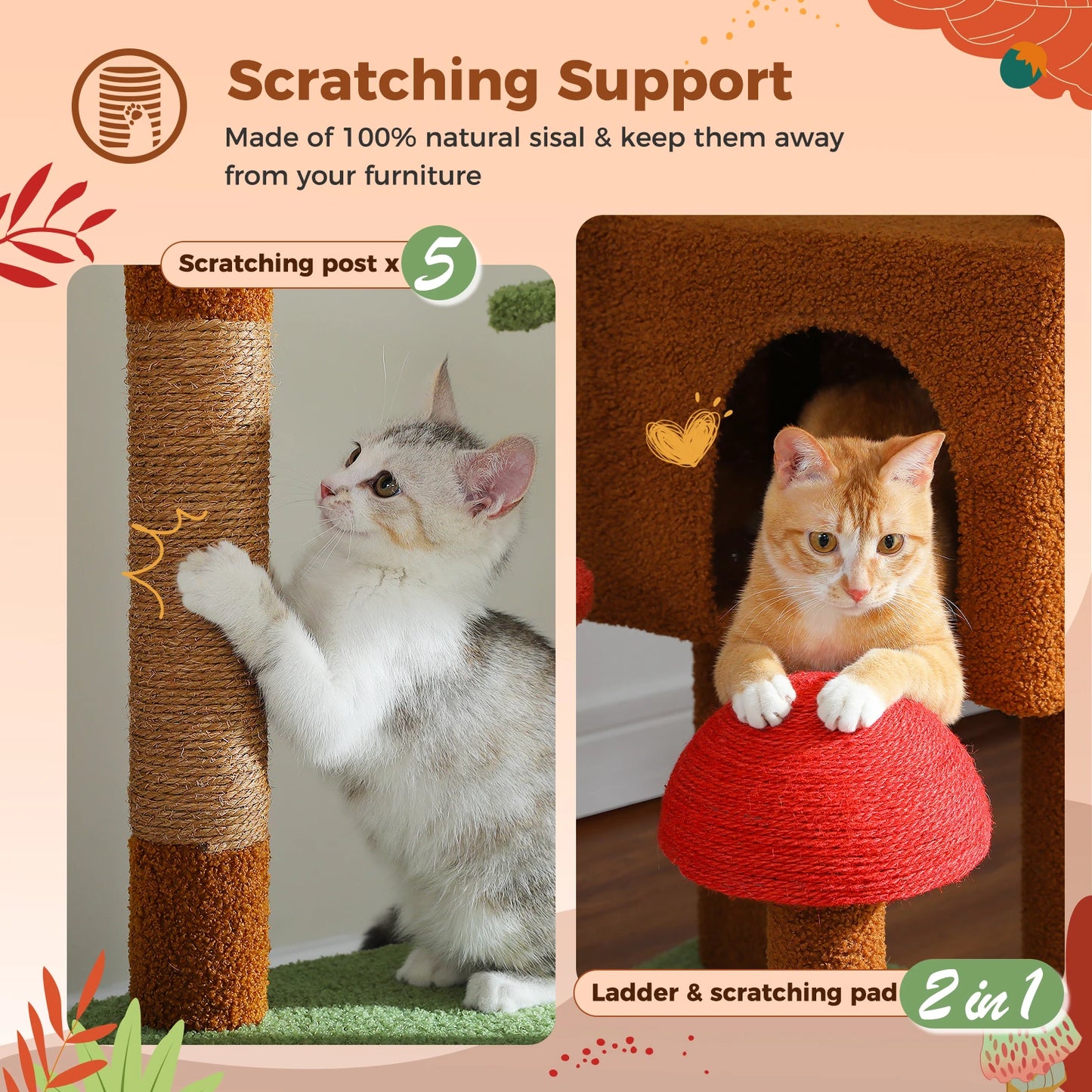 Cat Tree, Floor to Ceiling, Cat Tower Adjustable Height with Cat Condo, Cozy Hammock and Scratching Post