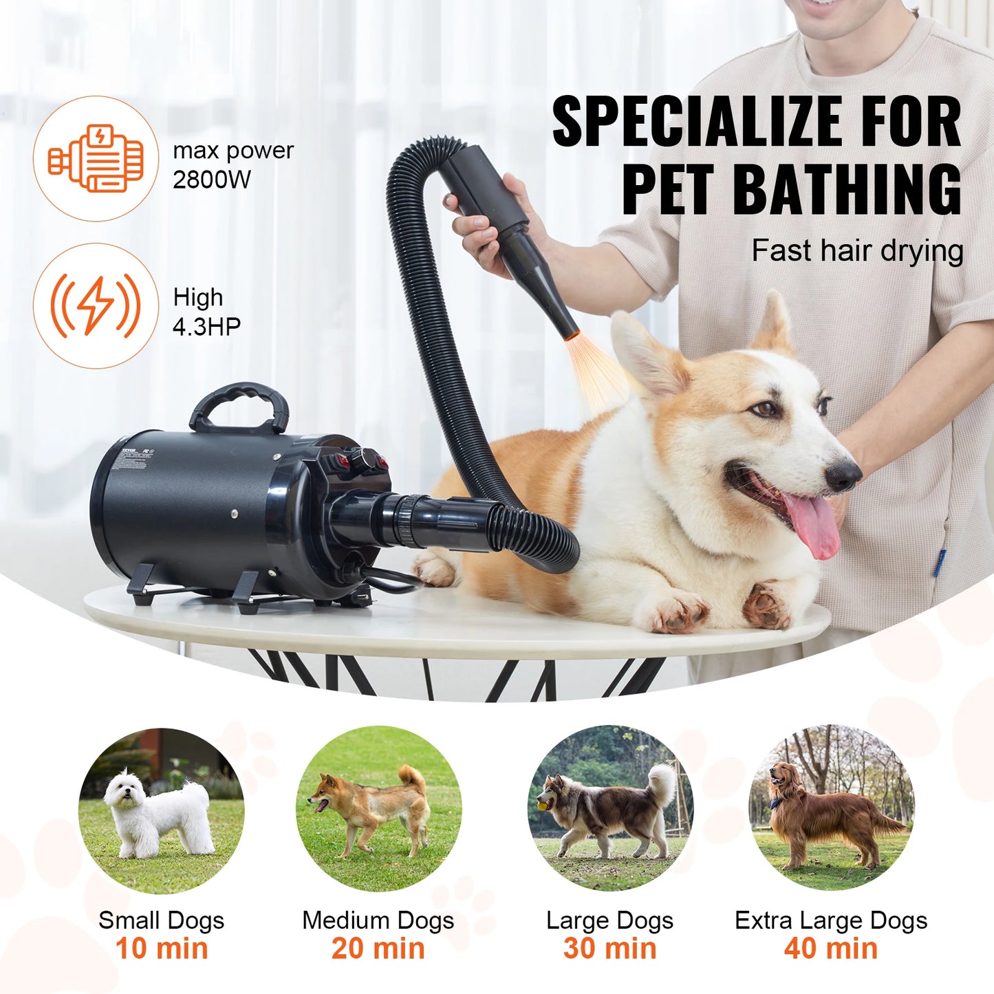 SucceBuy 2000W/2.7HP Dog Blow Dryer with Adjustable Speed and Temperature Control with 4 Nozzle and Extendable Hose for Pet Hair Grooming
