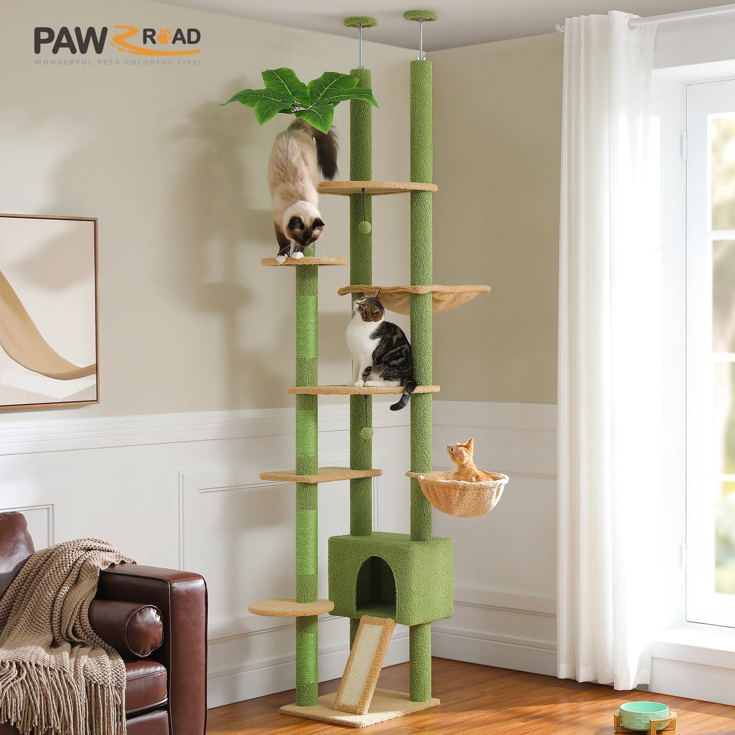 Cactus Cat Tree Tower,  Floor to Ceiling Cat Tower ,Adjustable Height with Cat Condo, Cozy Hammock and Scratching Post