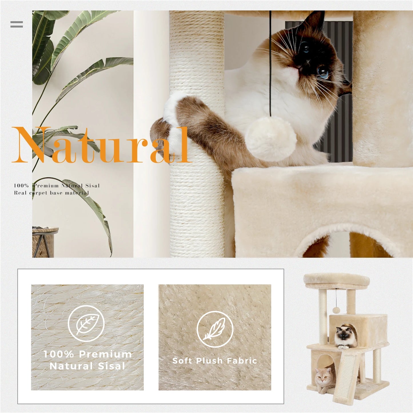 Large Cat Tree for Indoor Cats, Multi-Level Cat Tower with Sisal Scratching Post, 2 Spacious Condo, Cat Scratching Pad