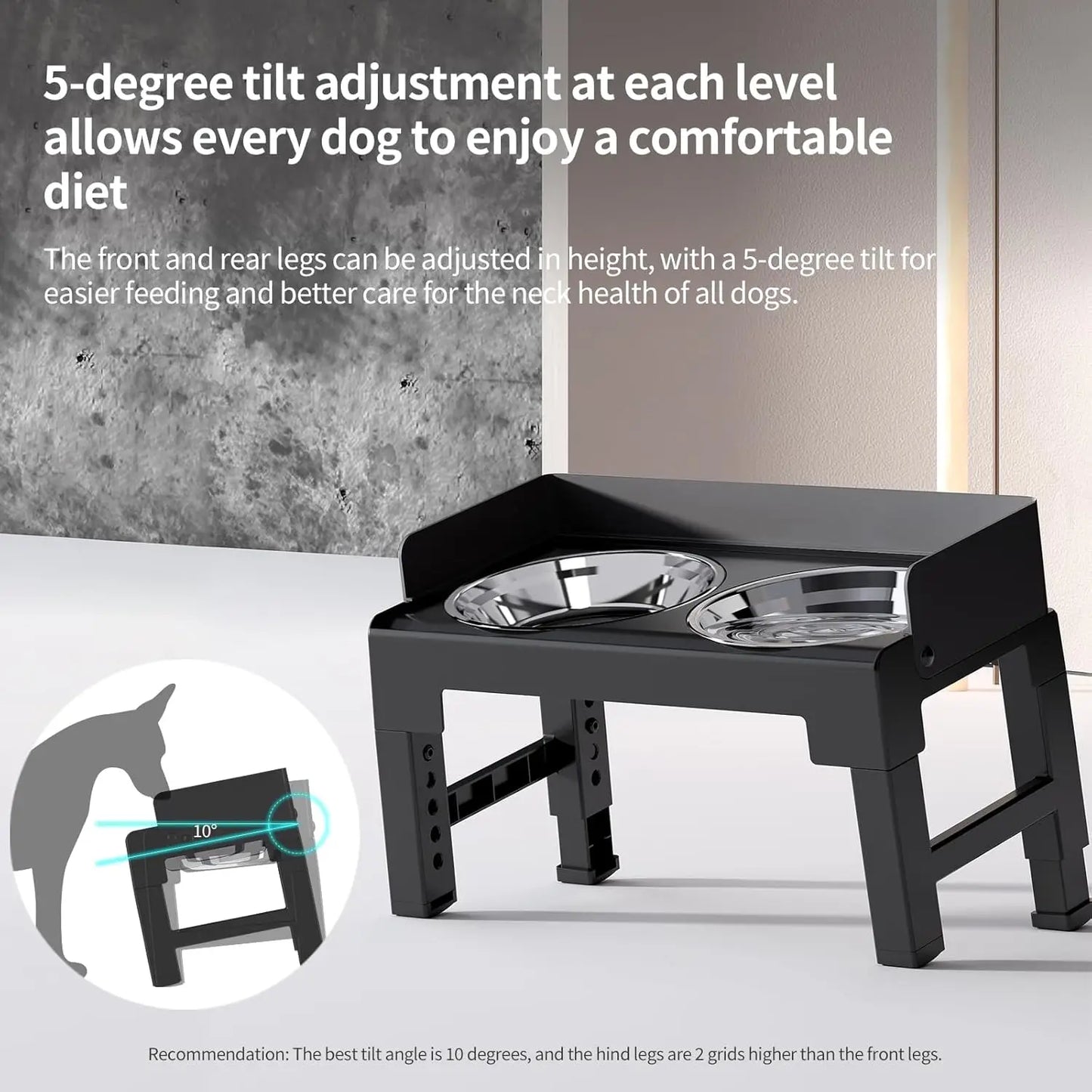 Adjustable Height Tiltable Dog Feeder with Spill-Proof Bowls for All Breeds