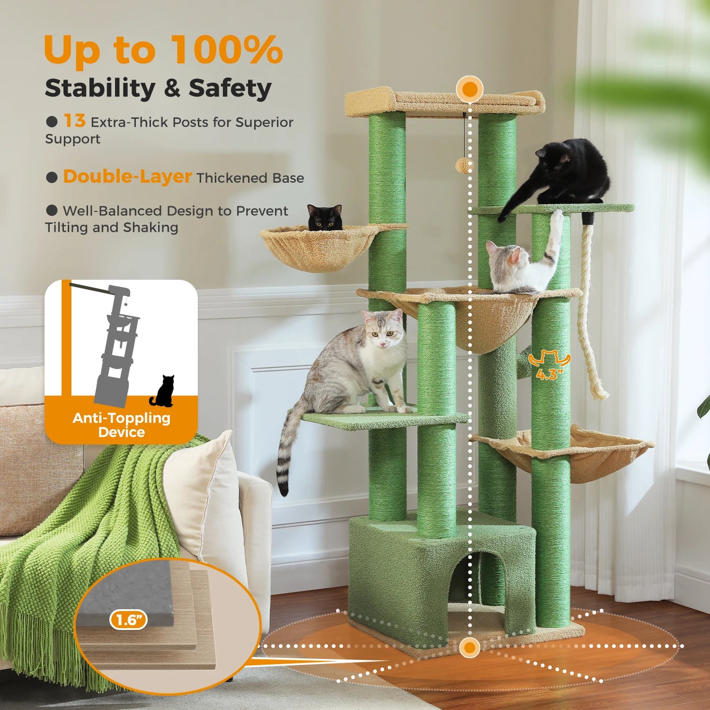 Multi-Level Cat Tree with Scratching Posts, Cozy Condo, Super Large Perch, Deep Hammocks, Tall Cat Tower for Indoor Adult Cats