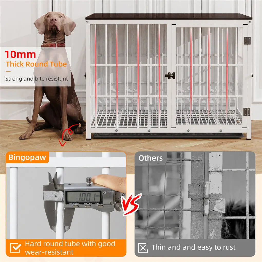 Heavy Duty Dog Kennels, Metal and Wooden Dog Crate End Table, Furniture Style Pet Cage with Three Doors and Removable Tray