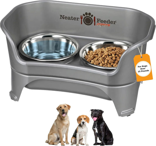 Elevated No-Spill Dog Bowl Set for Medium to Large Breeds, Stainless Steel Feeder with Catch Basin, Grey