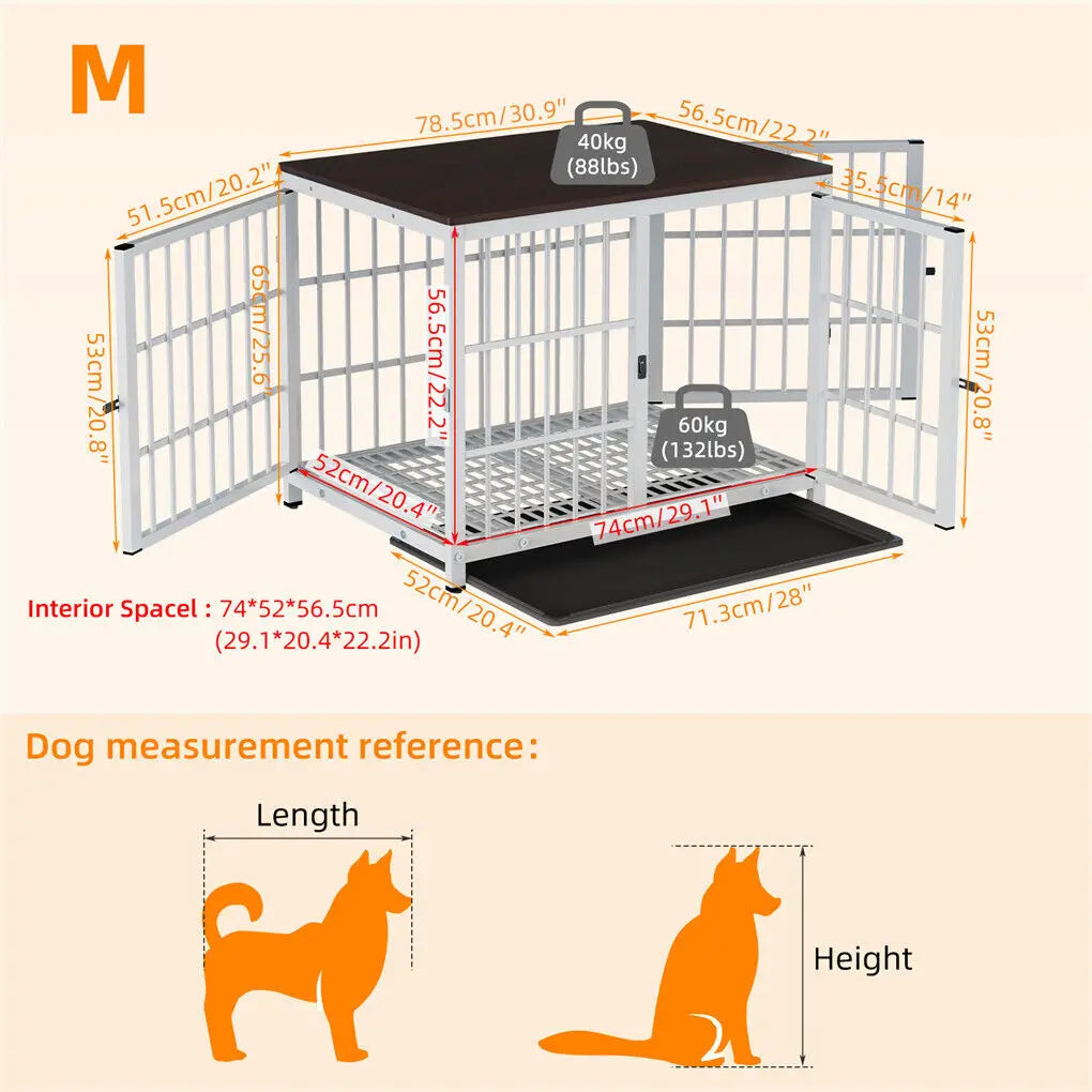 Heavy Duty Dog Kennels, Metal and Wooden Dog Crate End Table, Furniture Style Pet Cage with Three Doors and Removable Tray