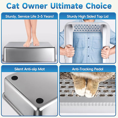 2-Pack Stainless Steel Cat Litter Box with Lid, XL Size for Large Cats, Enclosed Design to Prevent Scatter