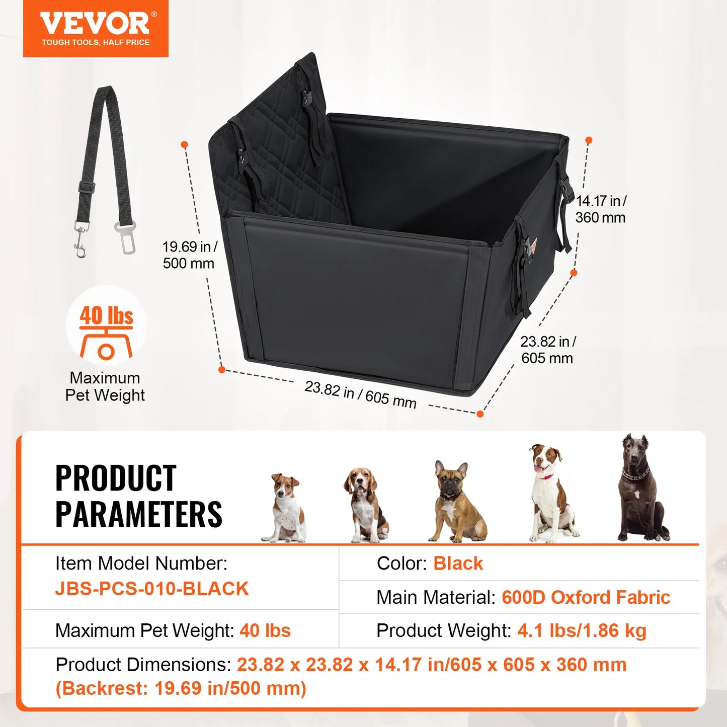 Dog Car Seat Waterproof Dog Booster Seat, Pet Car Seat with Clip-On Safety Leash, Car Bed for Medium or Large Dog