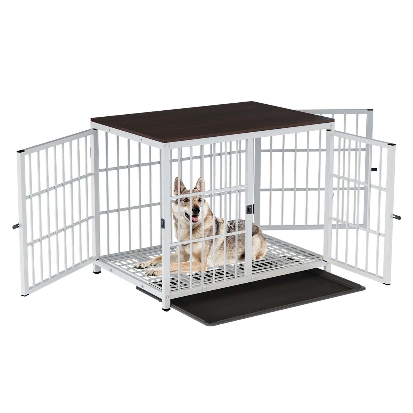 Heavy Duty Dog Kennels, Metal and Wooden Dog Crate End Table, Furniture Style Pet Cage with Three Doors and Removable Tray