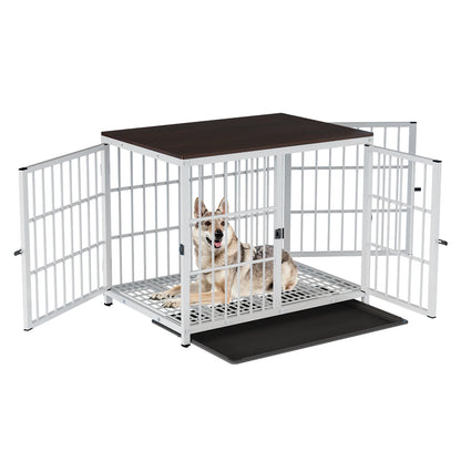 Heavy Duty Dog Kennels, Metal and Wooden Dog Crate End Table, Furniture Style Pet Cage with Three Doors and Removable Tray