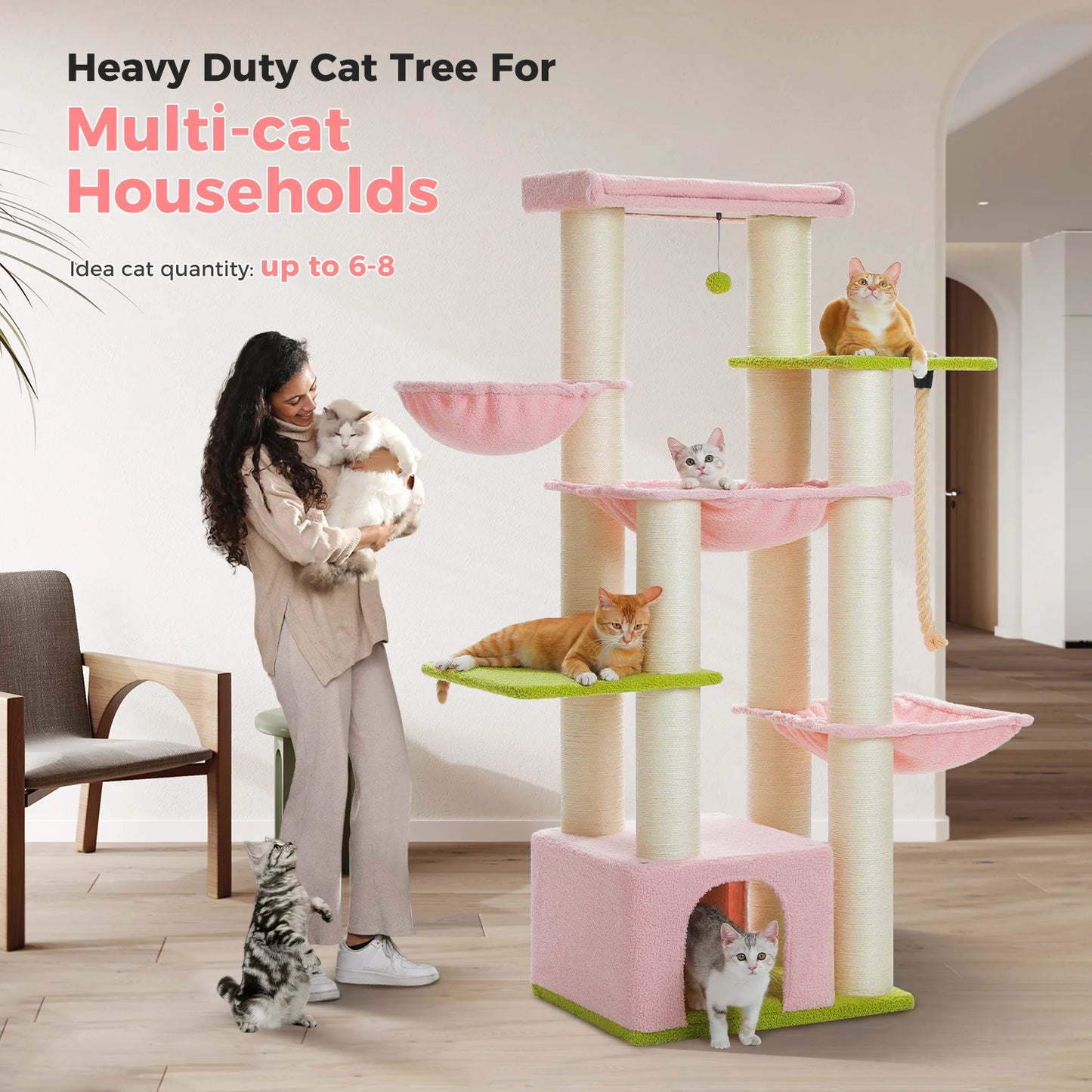 Multi-Level Cat Tree with Scratching Posts, Cozy Condo, Super Large Perch, Deep Hammocks, Tall Cat Tower for Indoor Adult Cats