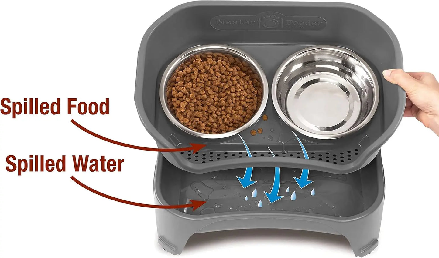 Elevated No-Spill Dog Bowl Set for Medium to Large Breeds, Stainless Steel Feeder with Catch Basin, Grey