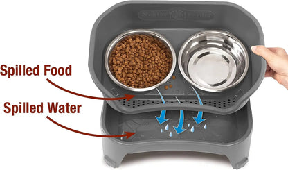 Elevated No-Spill Dog Bowl Set for Medium to Large Breeds, Stainless Steel Feeder with Catch Basin, Grey